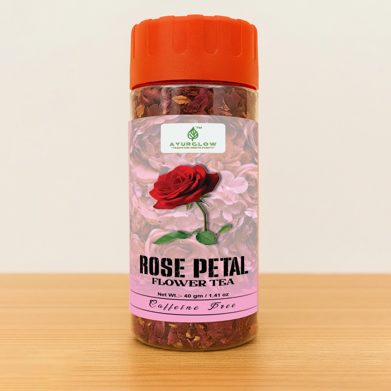 AYURGLOW - Rose Petals Tea - 40gm - 40 + Cups | Rose Petals Sun Dried | Gulab Patti for Beautiful Hair & Skin | VITAMIN-C | Beautiful Hair & Skin - Caffeine Free - Natural - Flower Based - Herbal Tea - Non-GMO | Making Rose Water DIY | Reusable Pet Jar Packaging