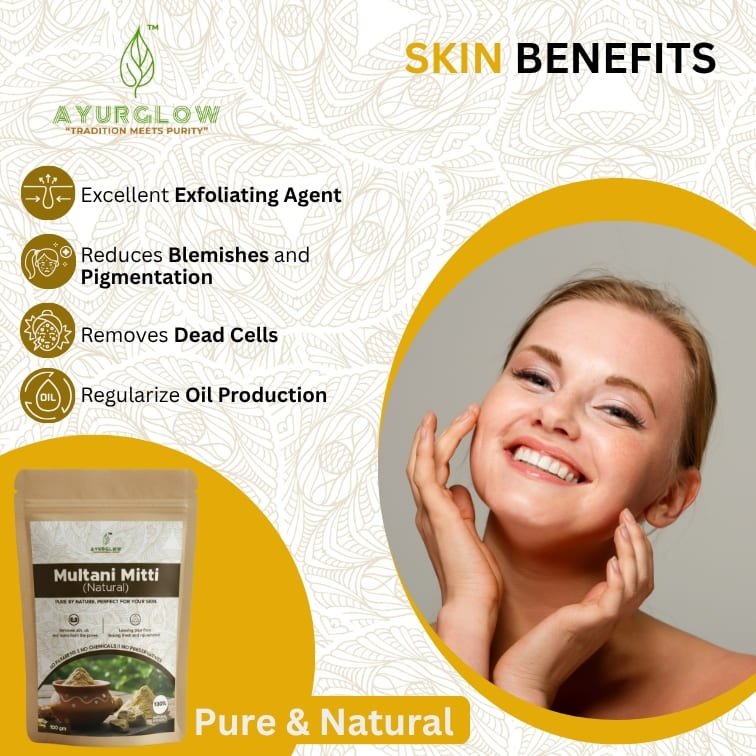 AyurGlow Multani Mitti Power Pack stands out for its 100% pure, mineral-rich clay that deeply detoxifies and brightens skin without additives or chemicals. Finely processed and hygienically packed to retain freshness, it delivers a premium, safe, and effective skincare experience inspired by authentic Ayurveda. - Image 3