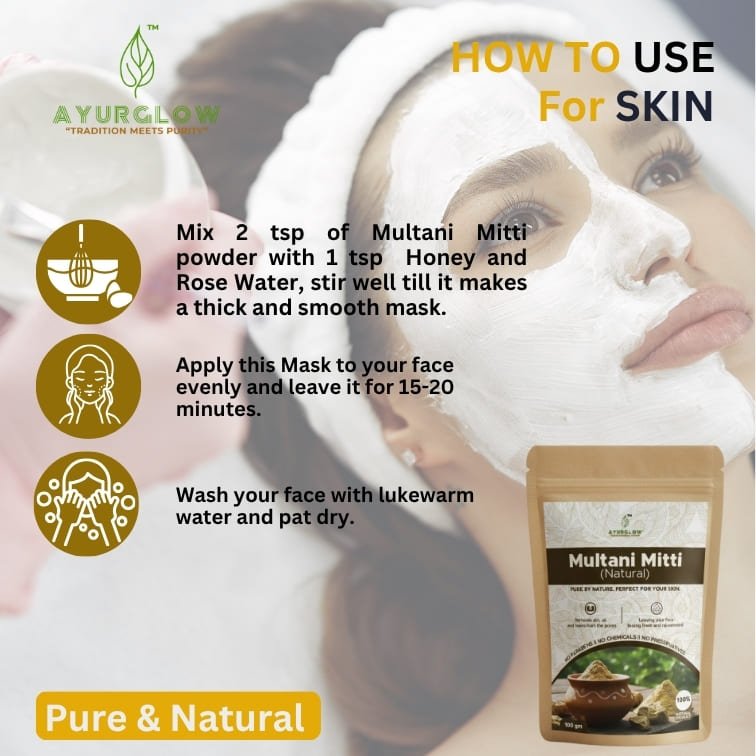 AyurGlow Multani Mitti Power Pack stands out for its 100% pure, mineral-rich clay that deeply detoxifies and brightens skin without additives or chemicals. Finely processed and hygienically packed to retain freshness, it delivers a premium, safe, and effective skincare experience inspired by authentic Ayurveda. - Image 4
