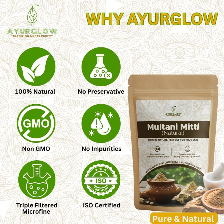 AyurGlow Multani Mitti Power Pack stands out for its 100% pure, mineral-rich clay that deeply detoxifies and brightens skin without additives or chemicals. Finely processed and hygienically packed to retain freshness, it delivers a premium, safe, and effective skincare experience inspired by authentic Ayurveda. - Image 7